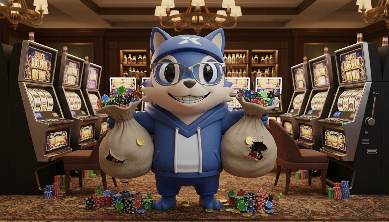 Casino character holding bags of chips after choosing top PayID pokies casinos