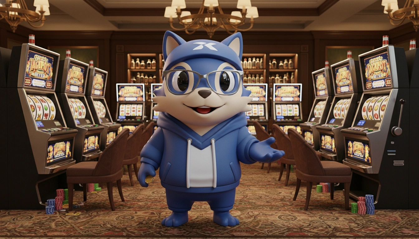 Casino character standing in front of slot machines introducing PayID pokies rankings