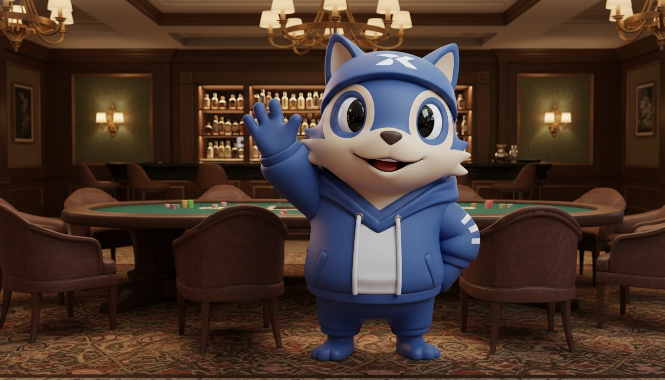 Casino character standing in front of slot machines introducing PayID pokies