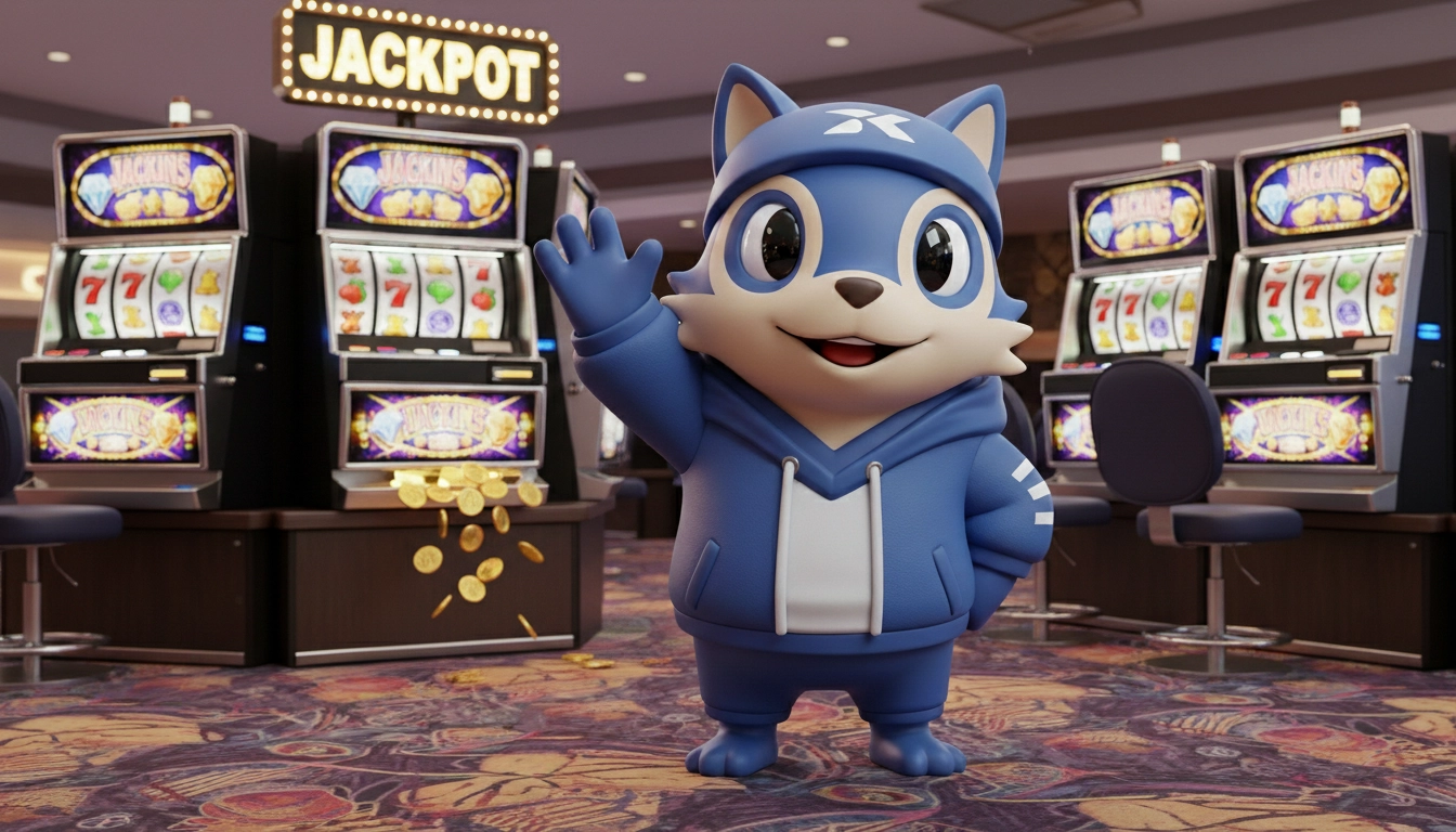 Casino character standing in front of slot machines introducing PayID pokies