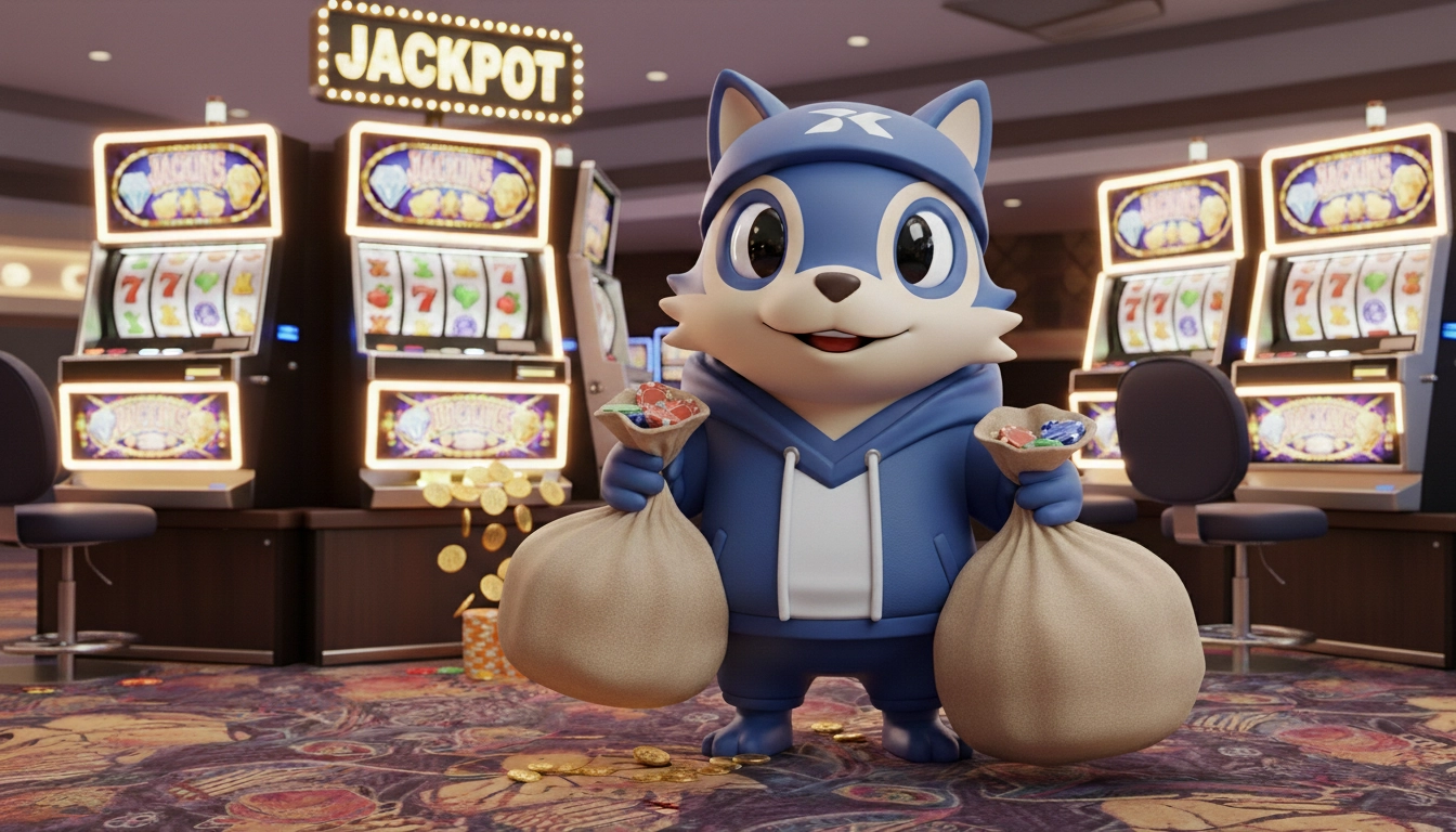 Casino character holding bags of chips after discovering PayID pokies benefits