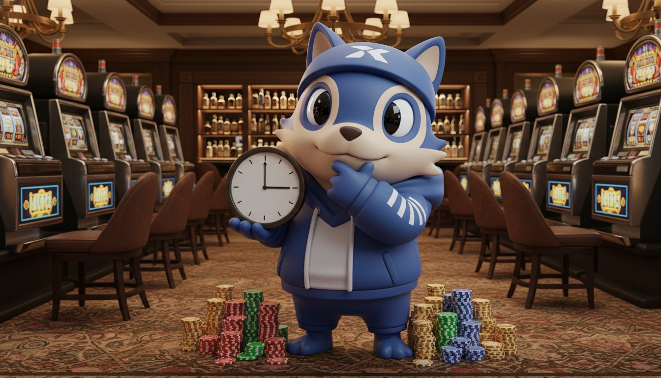 Casino character thinking about time and PayID advantages at slot machines