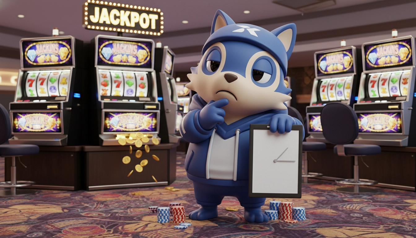 Casino character thinking about time and PayID advantages at slot machines